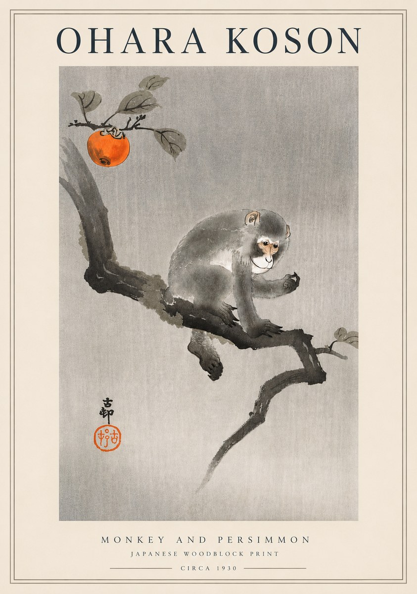 Ohara Koson Monkey and Persimmon No3 - Juliste