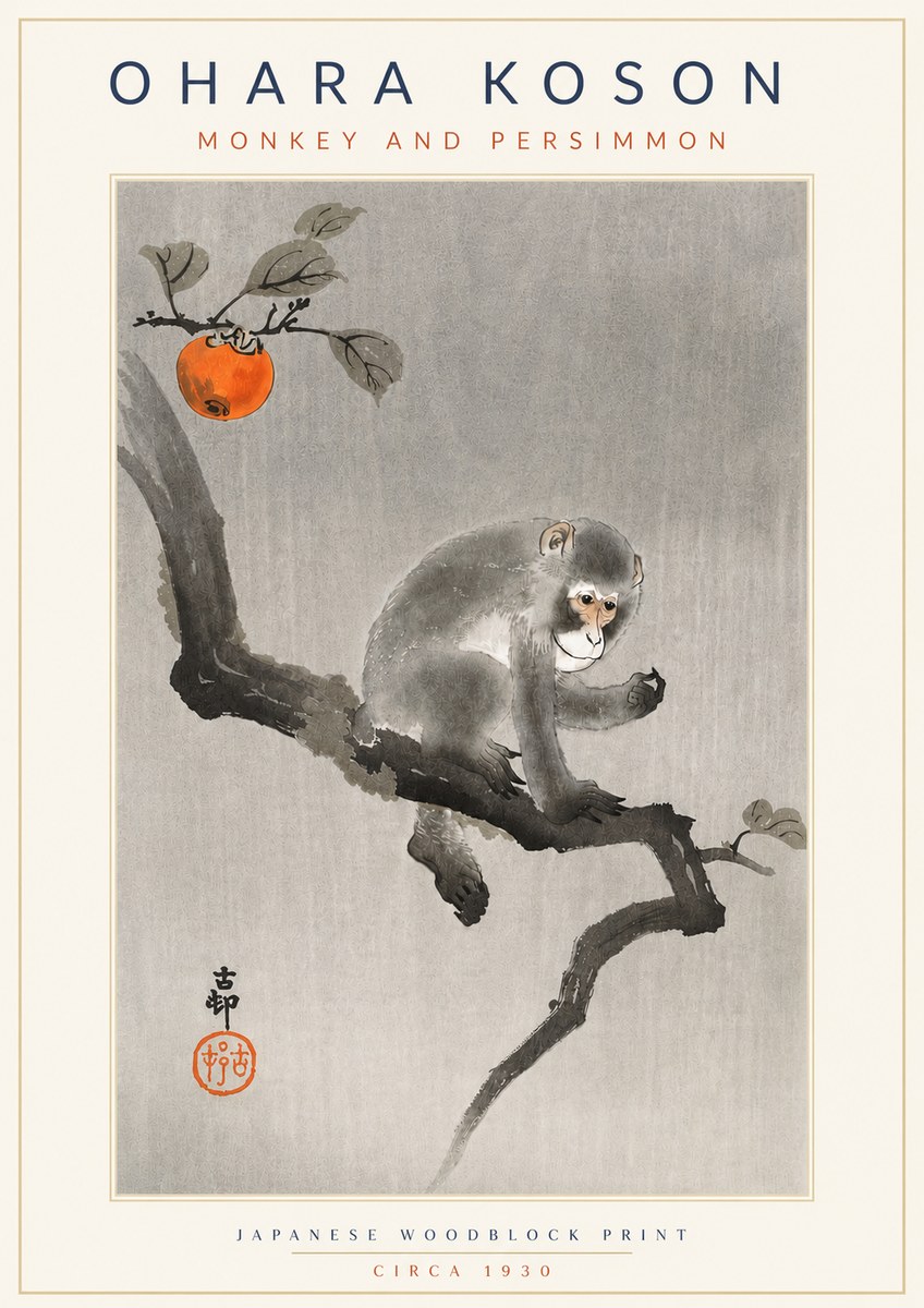 Ohara Koson Monkey and Persimmon No4 - Juliste