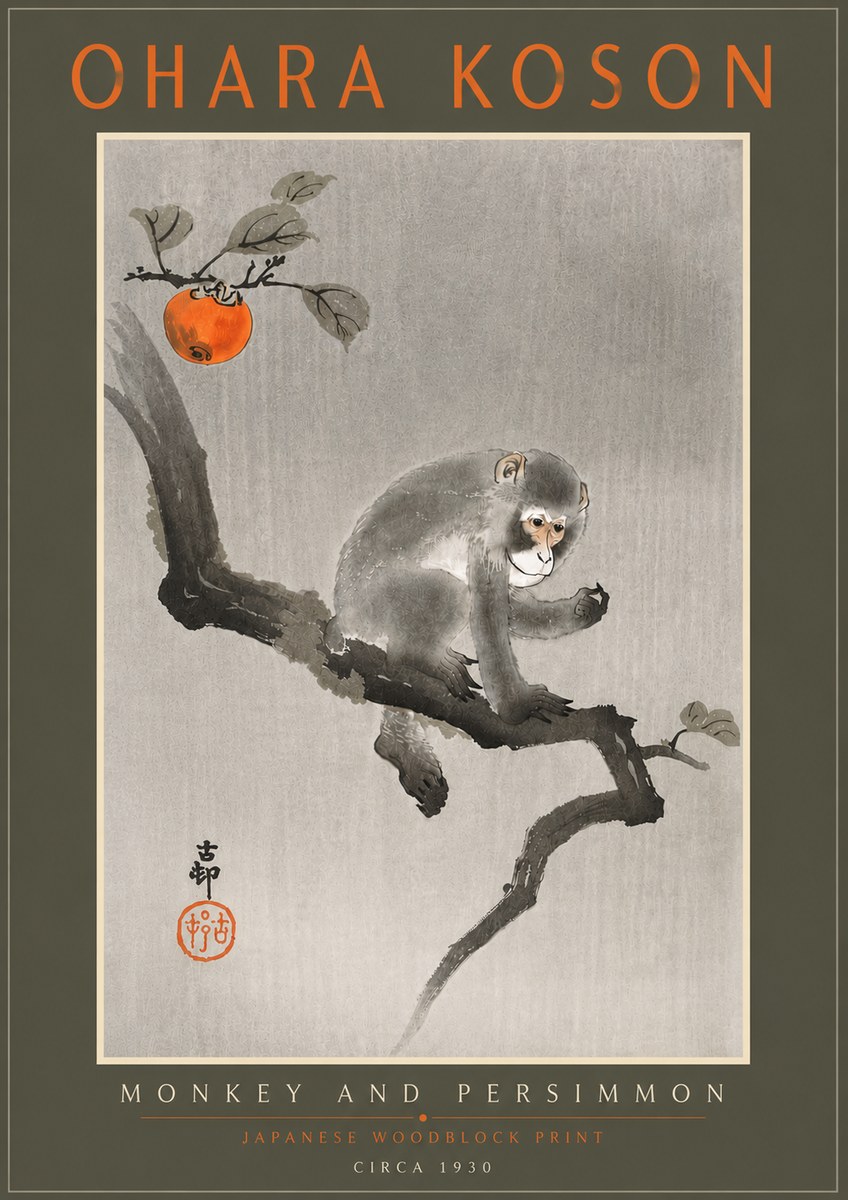 Ohara Koson Monkey and Persimmon No5 - Juliste