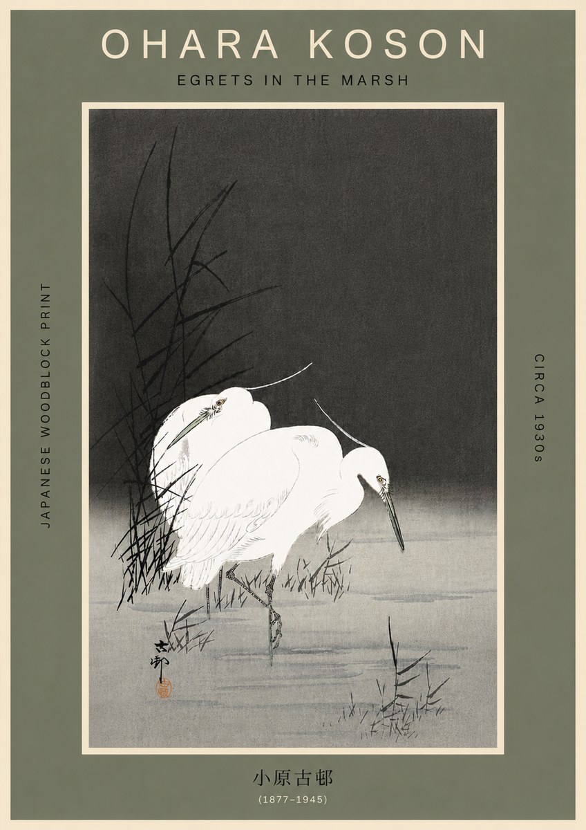 Ohara Koson Egrets in the Marsh No6 - Juliste