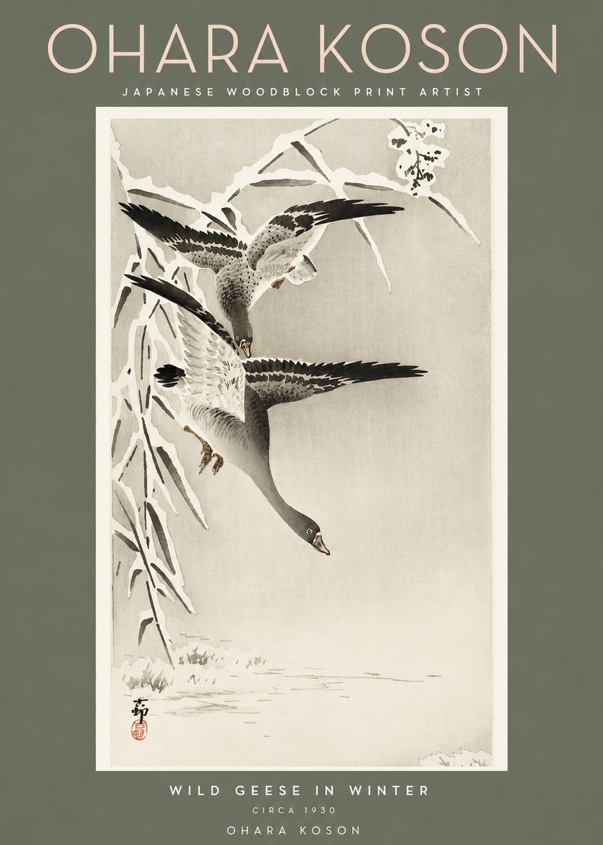 Ohara Koson Wild Geese in Winter No2 - Juliste