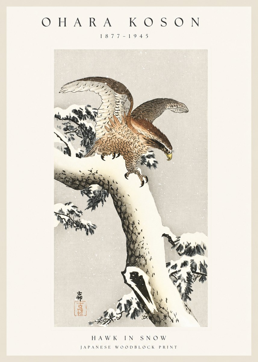 Ohara Koson Hawk in Snow No1 - Juliste