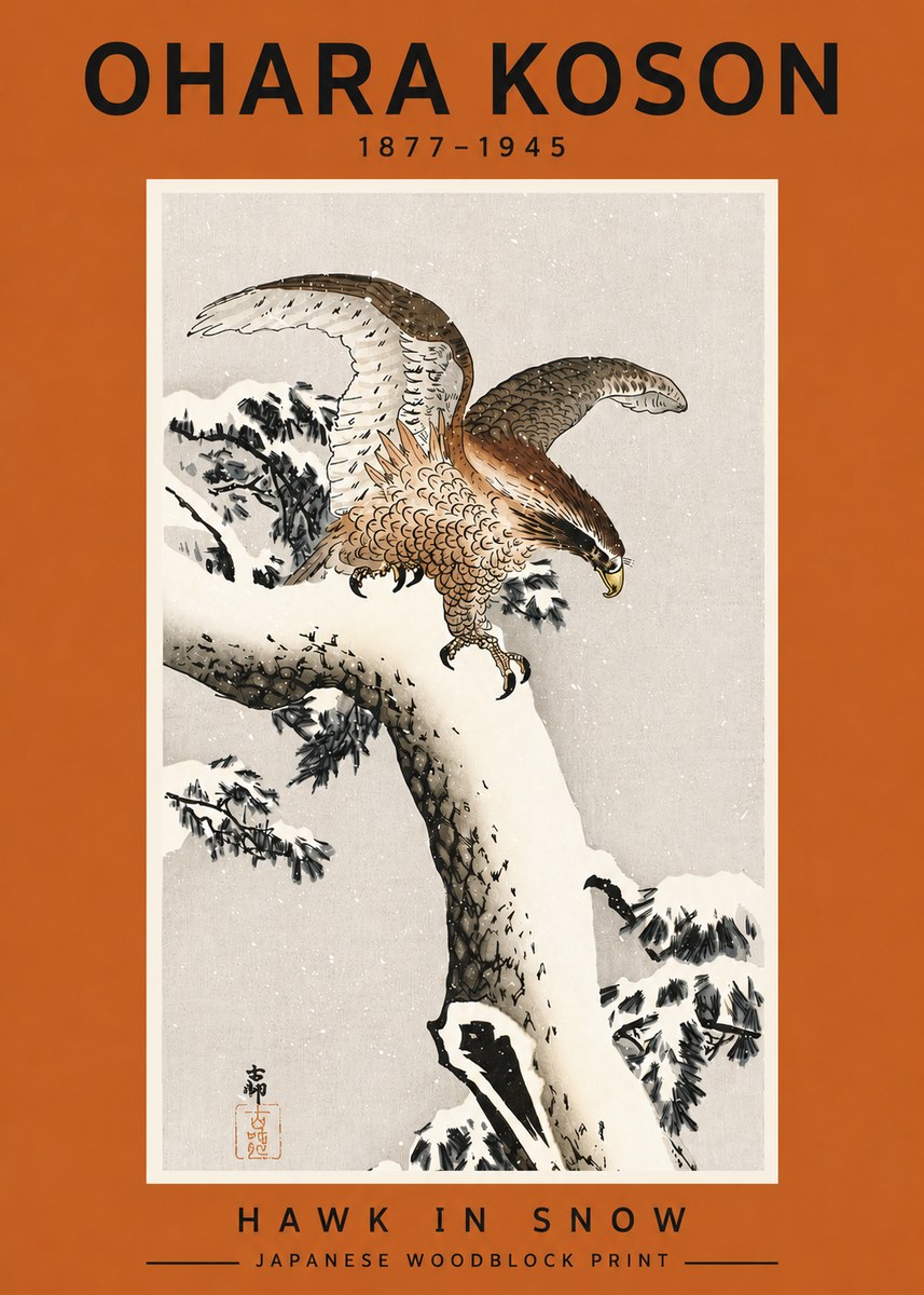 Ohara Koson Hawk in Snow No4 - Juliste