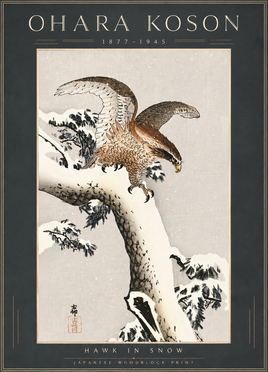 Ohara Koson Hawk in Snow No6 - Juliste