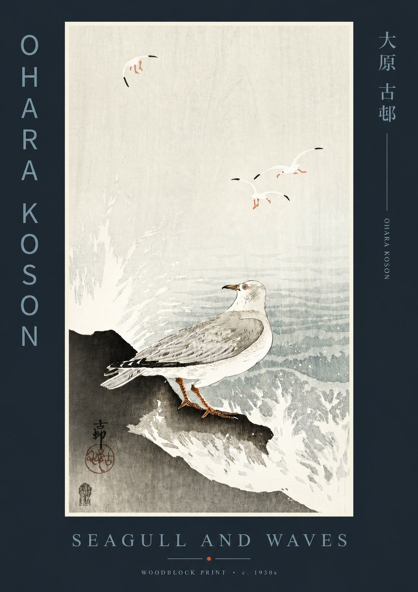Ohara Koson Seagull and Waves No4 - Juliste