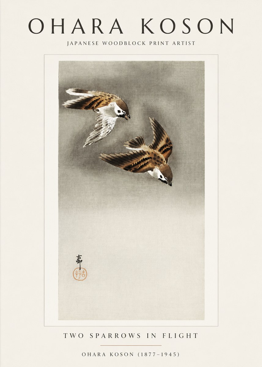Ohara Koson Two Sparrows in Flight No1 - Juliste
