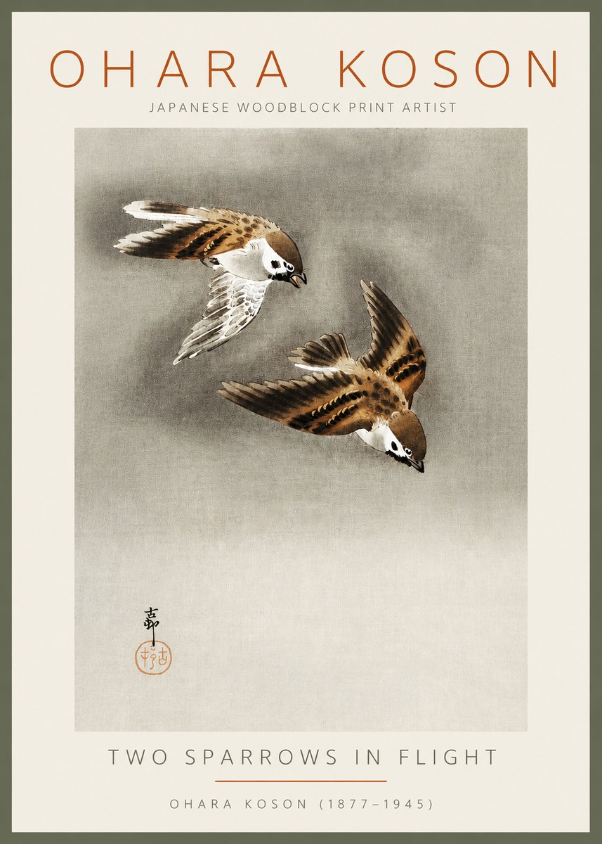 Ohara Koson Two Sparrows in Flight No2 - Juliste