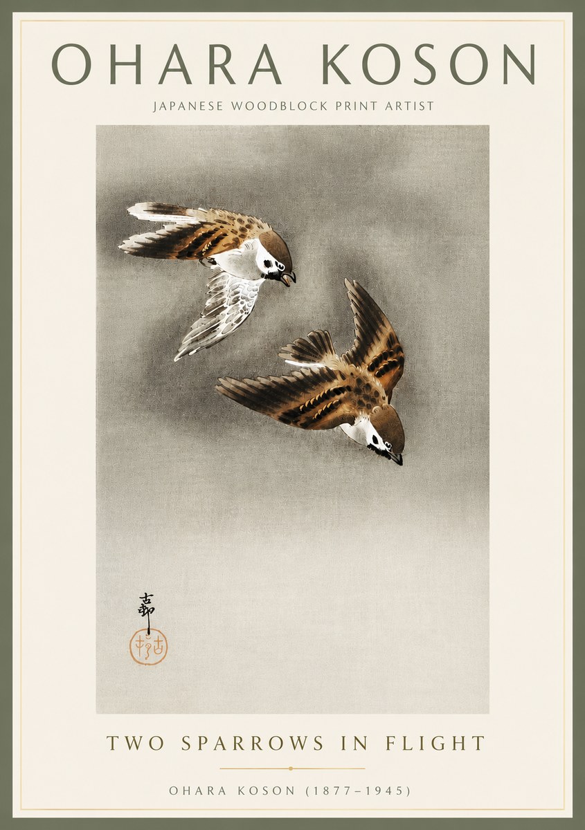 Ohara Koson Two Sparrows in Flight No4 - Juliste