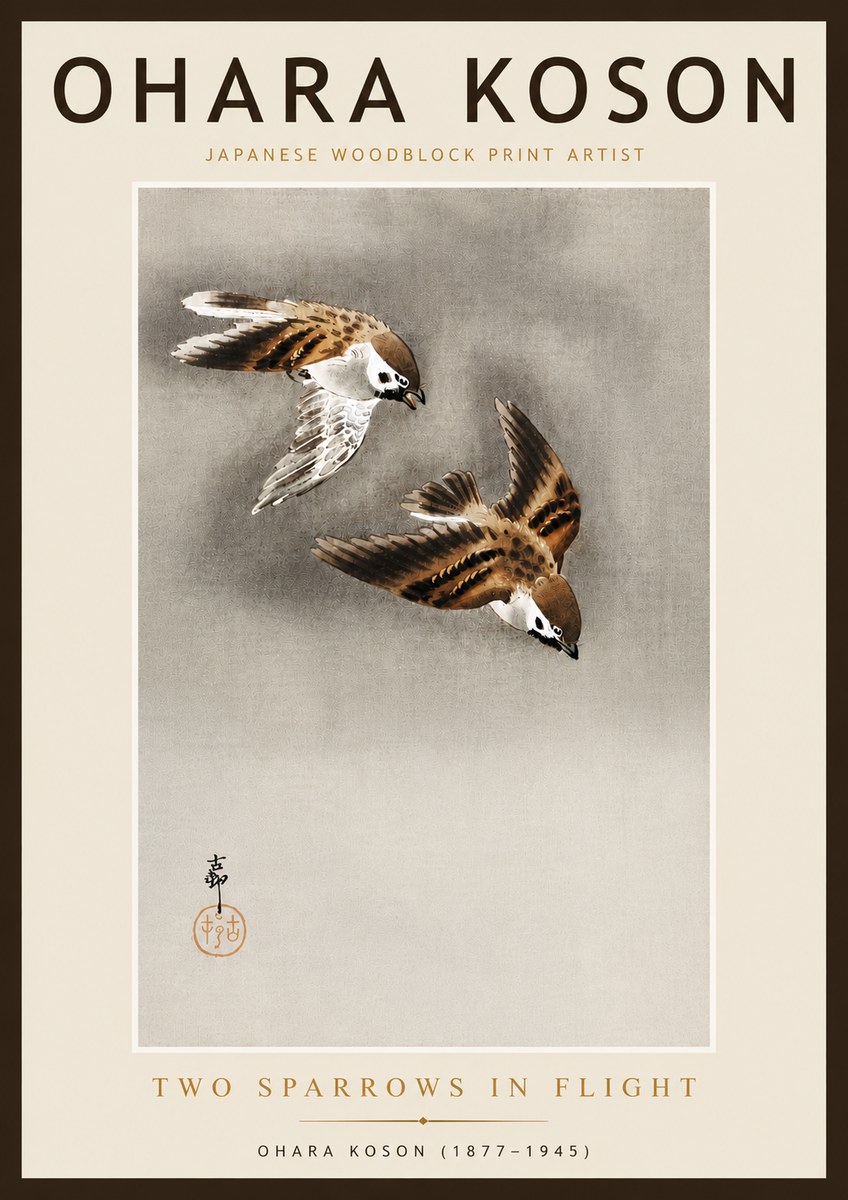 Ohara Koson Two Sparrows in Flight No6 - Juliste