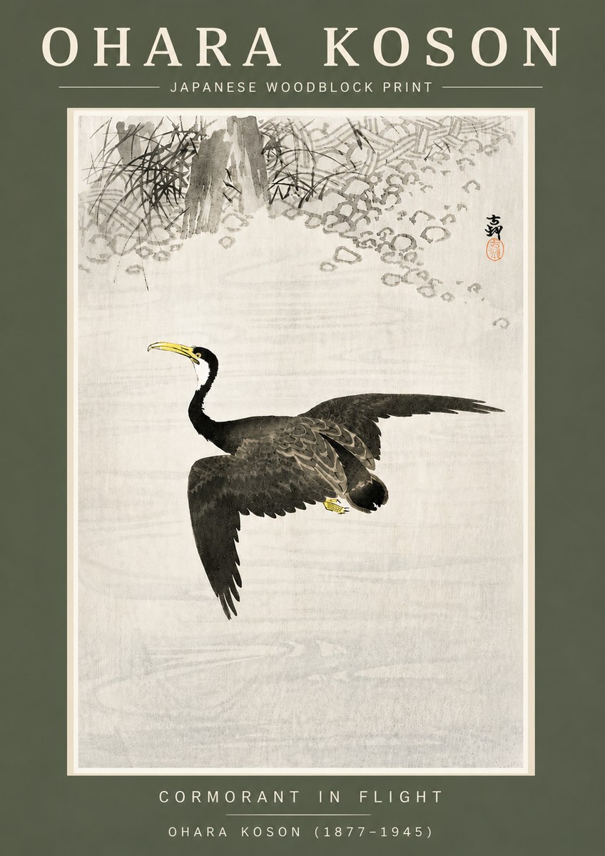 Ohara Koson Cormorant in Flight No4 - Juliste