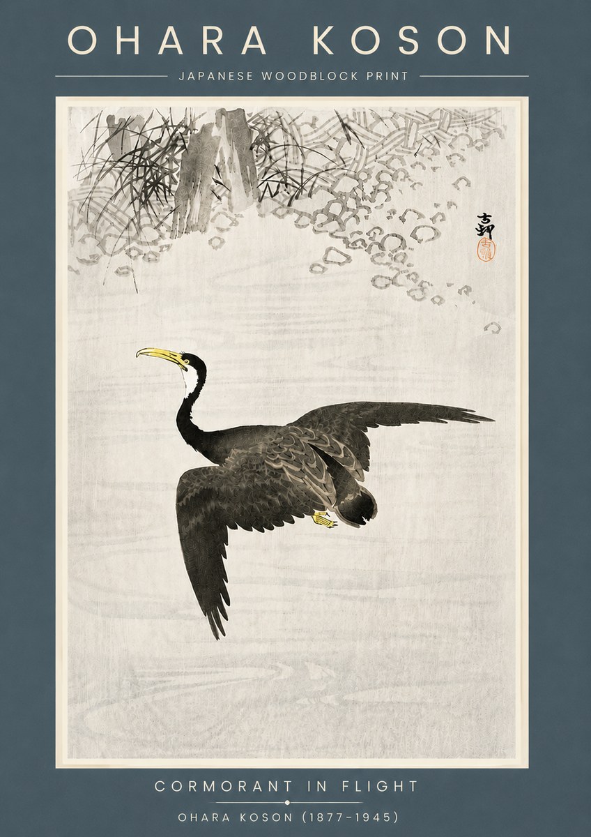 Ohara Koson Cormorant in Flight No6 - Juliste