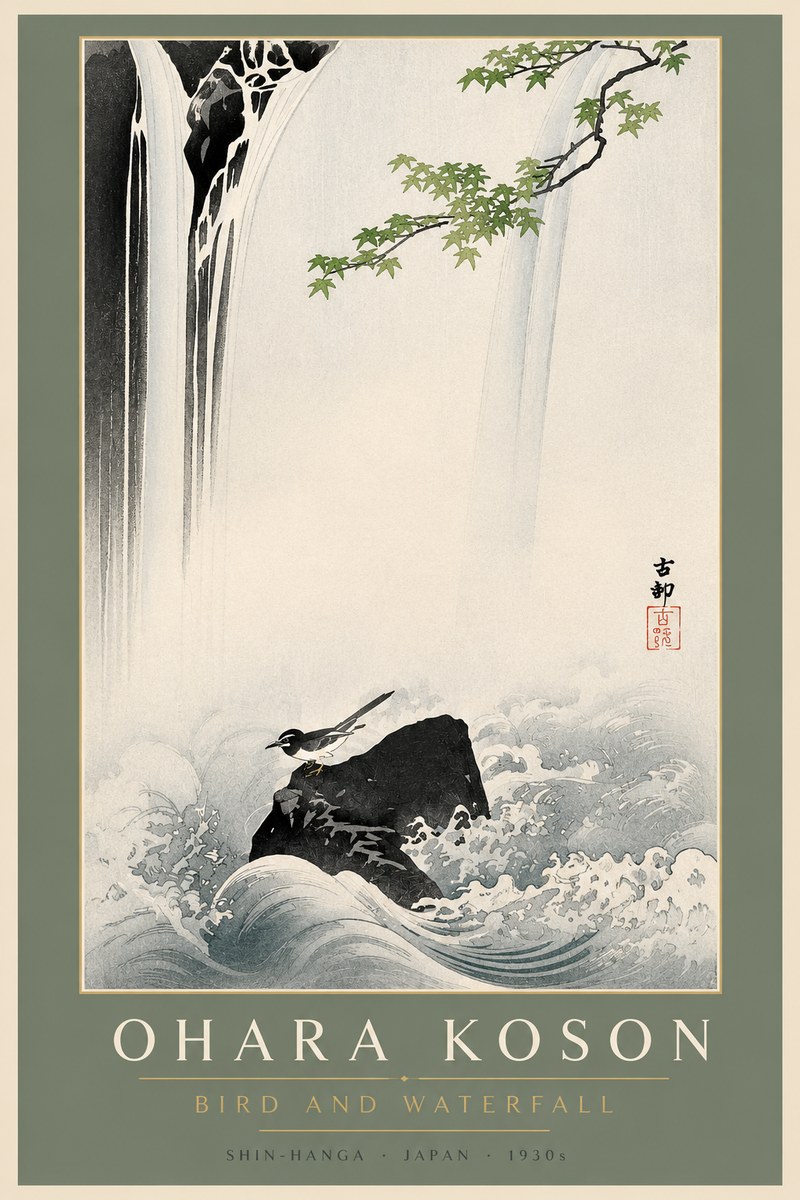 Ohara Koson Bird and Waterfall No2 - Juliste