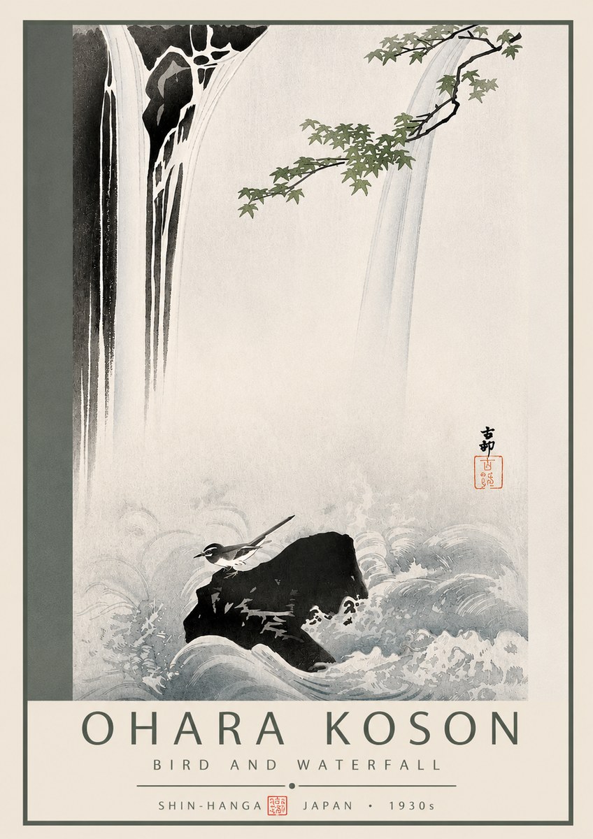 Ohara Koson Bird and Waterfall No3 - Juliste