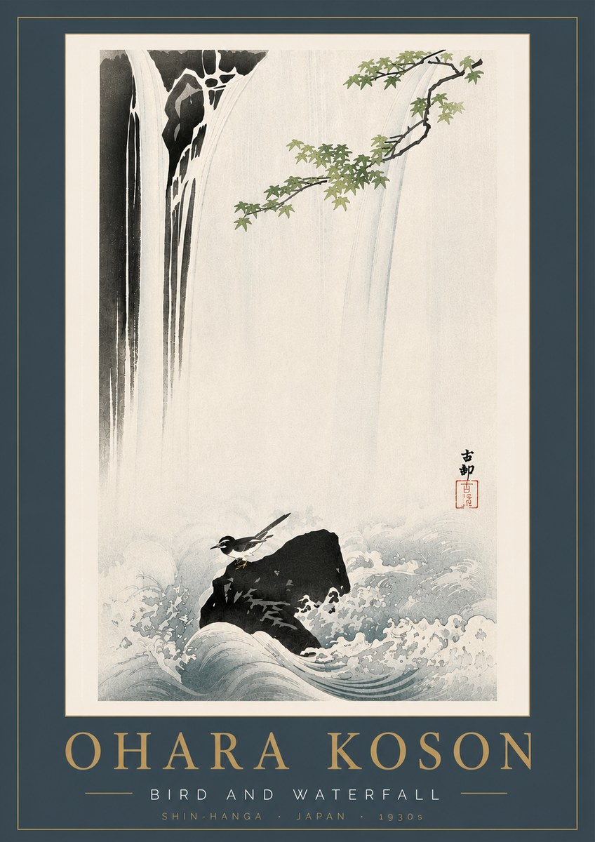 Ohara Koson Bird and Waterfall No6 - Juliste