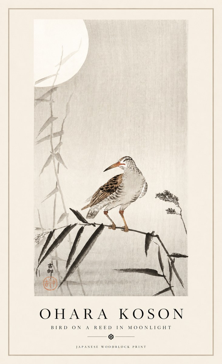 Ohara Koson Bird on a Reed in Moonlight No1 - Juliste