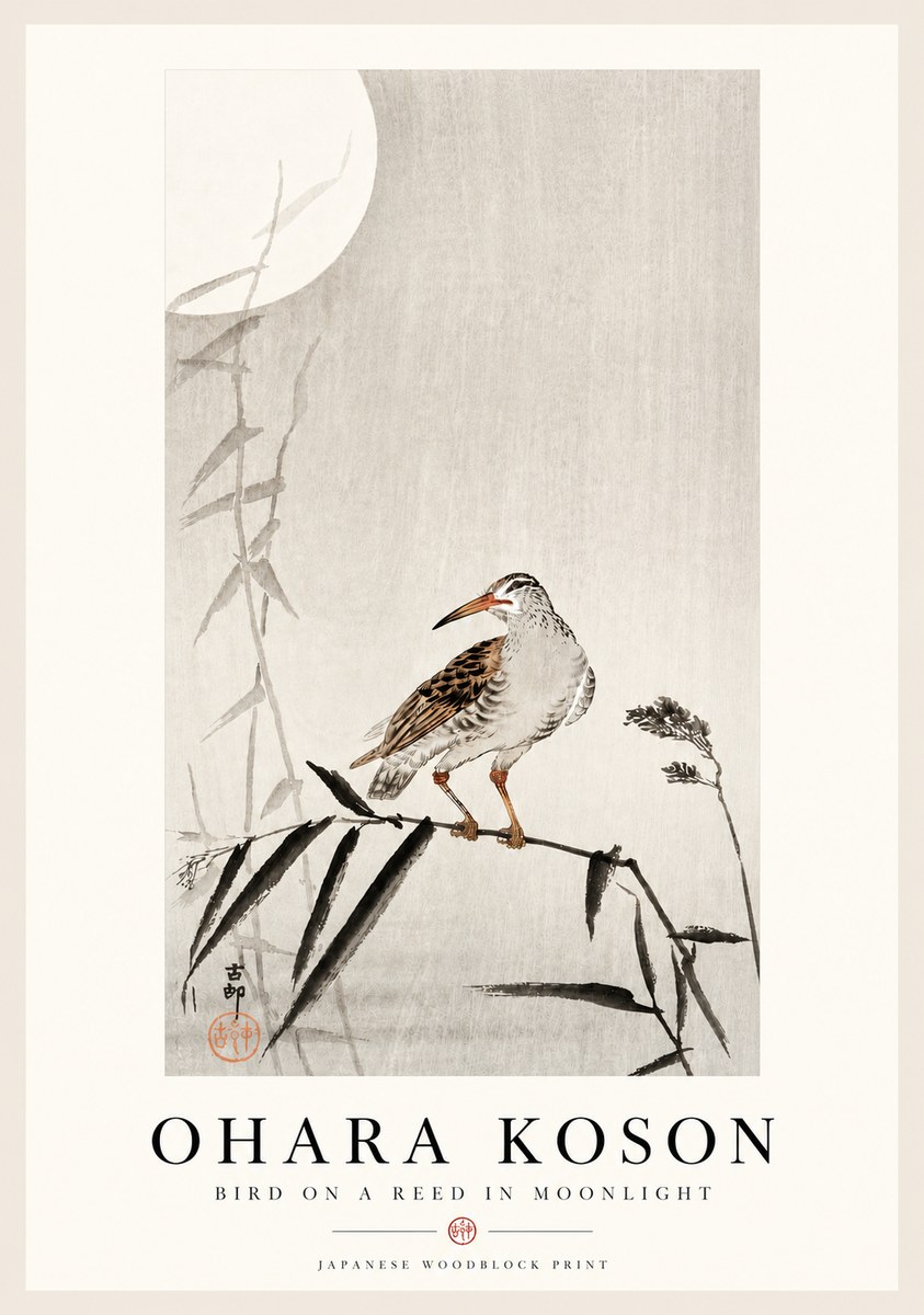 Ohara Koson Bird on a Reed in Moonlight No4 - Juliste