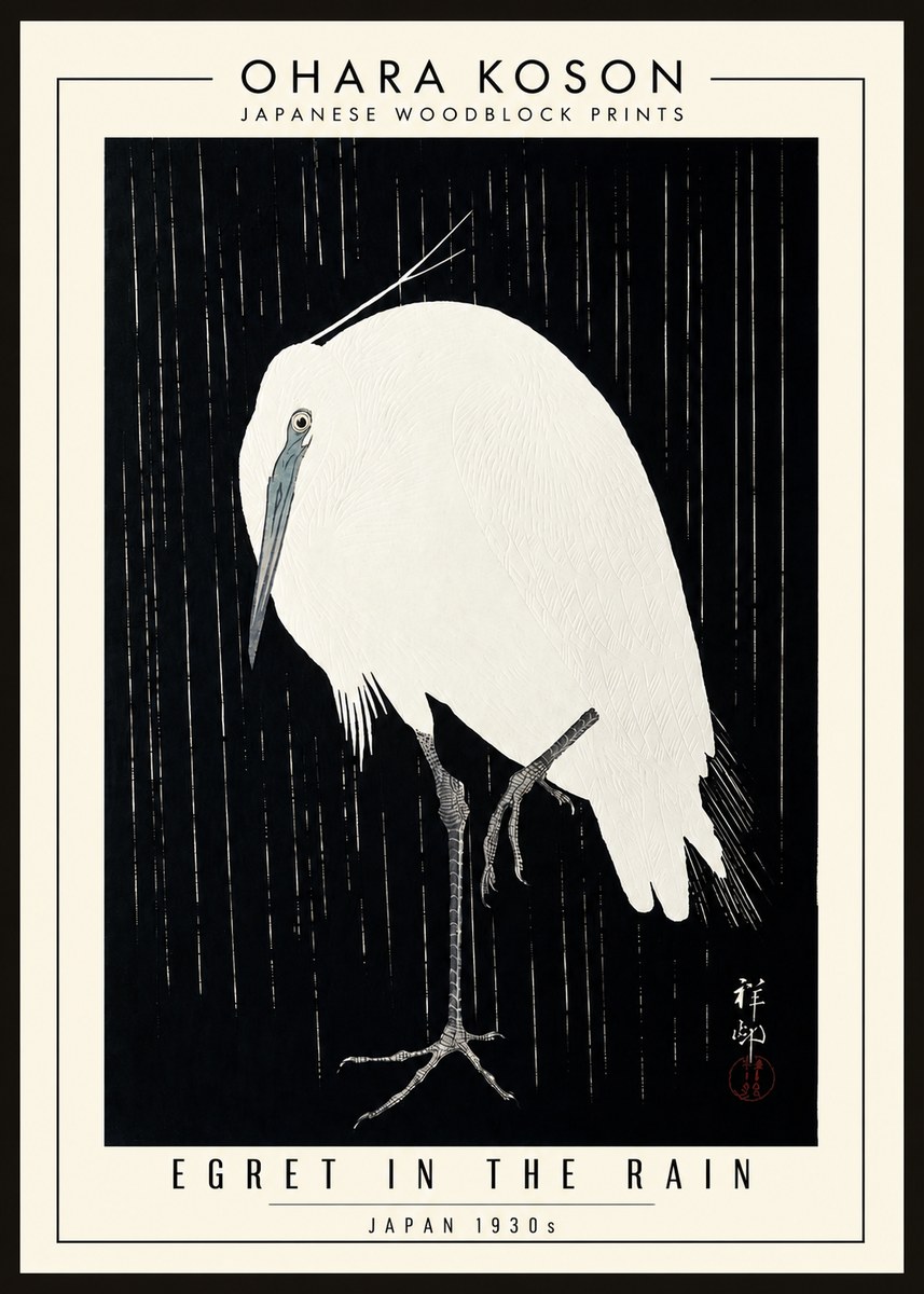 Ohara Koson Egret in the Rain I No3 - Juliste