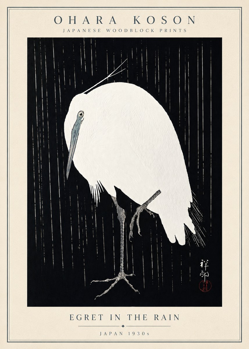 Ohara Koson Egret in the Rain I No5 - Juliste