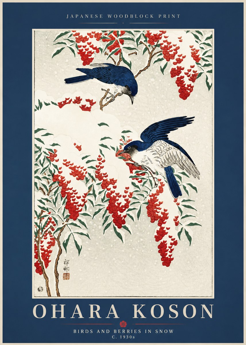 Ohara Koson Birds and Berries in Snow No2 - Juliste