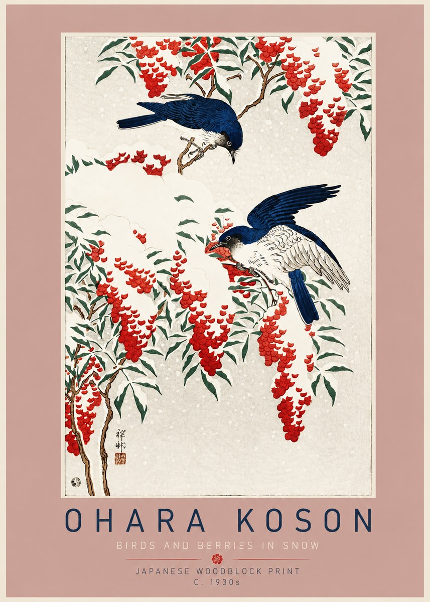 Ohara Koson Birds and Berries in Snow No4 - Juliste