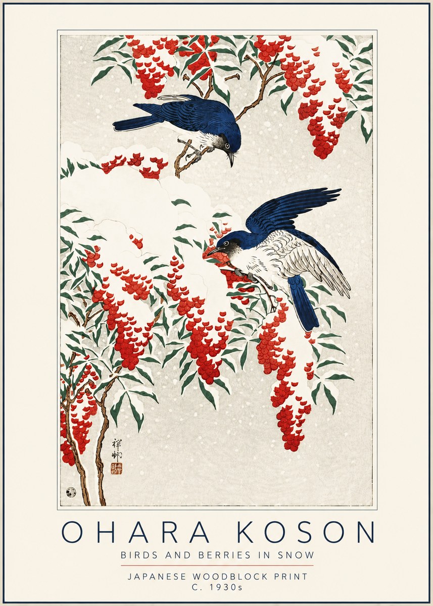 Ohara Koson Birds and Berries in Snow No5 - Juliste