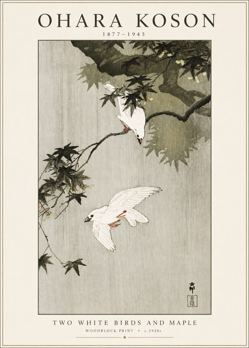 Ohara Koson Two White Birds and Maple No3 - Juliste