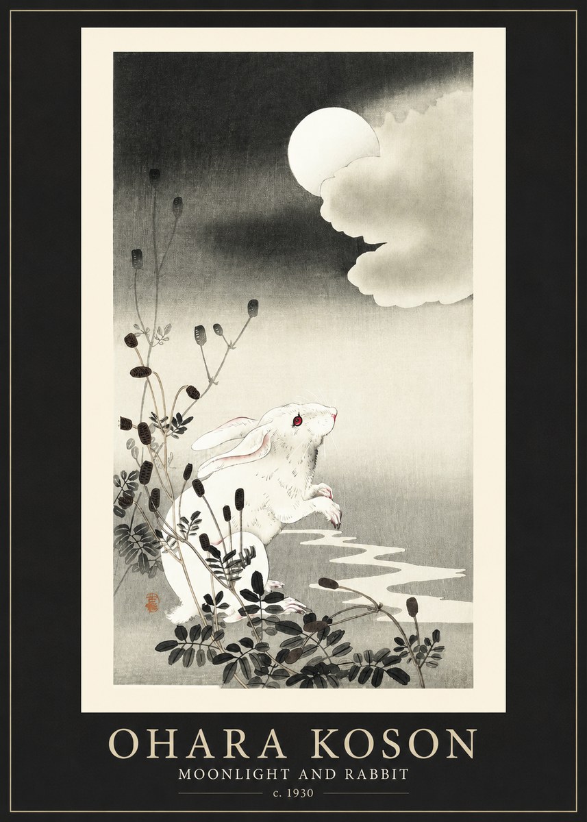 Ohara Koson Moonlight and Rabbit No1 - Juliste