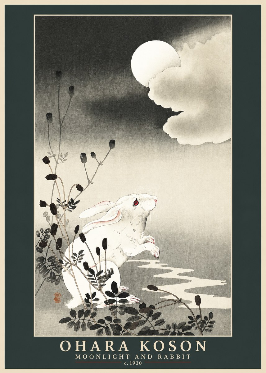 Ohara Koson Moonlight and Rabbit No3 - Juliste