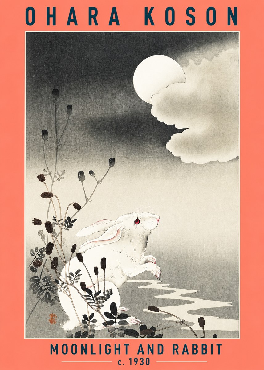 Ohara Koson Moonlight and Rabbit No6 - Juliste