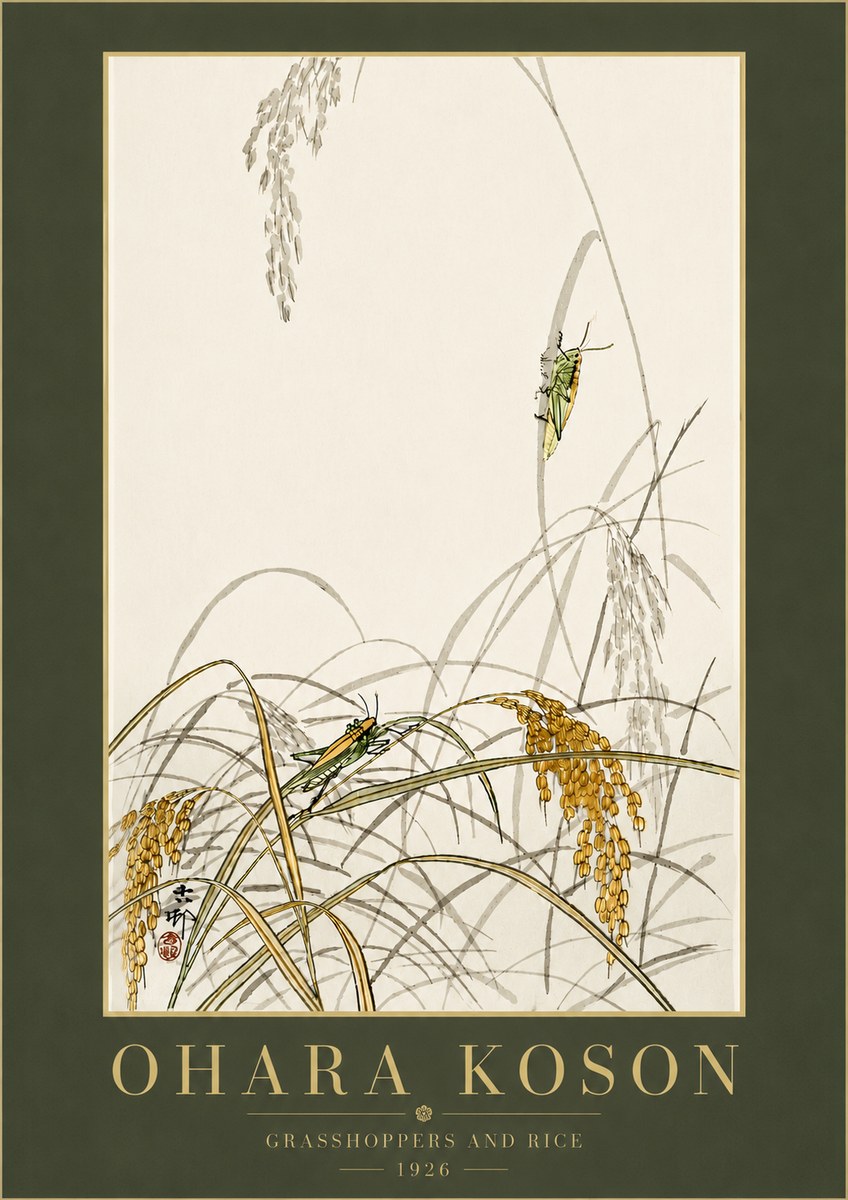 Ohara Koson Grasshoppers and Rice No6 - Juliste