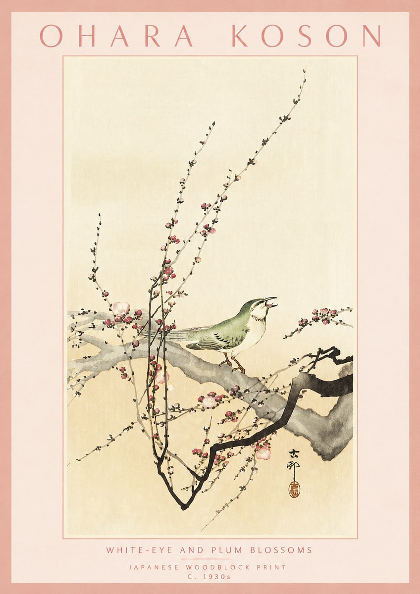 Ohara Koson White-eye and Plum Blossoms No3 - Juliste