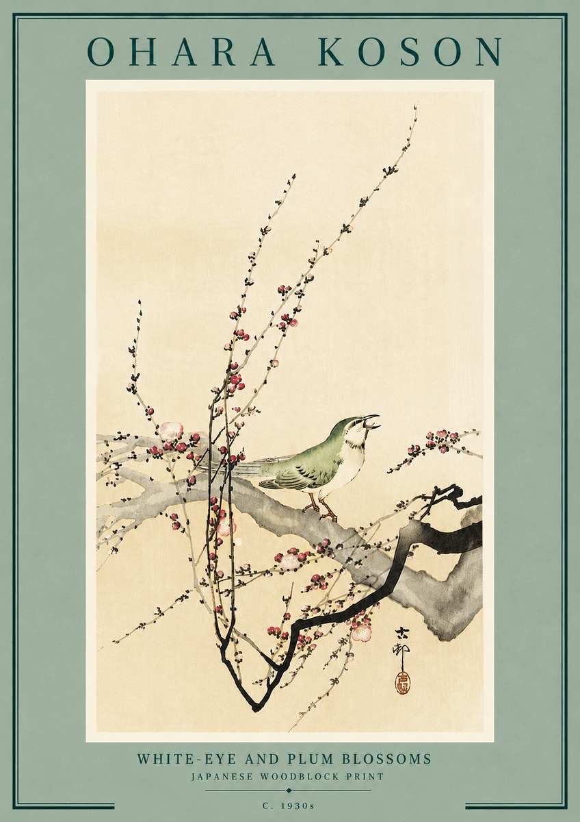 Ohara Koson White-eye and Plum Blossoms No6 - Juliste