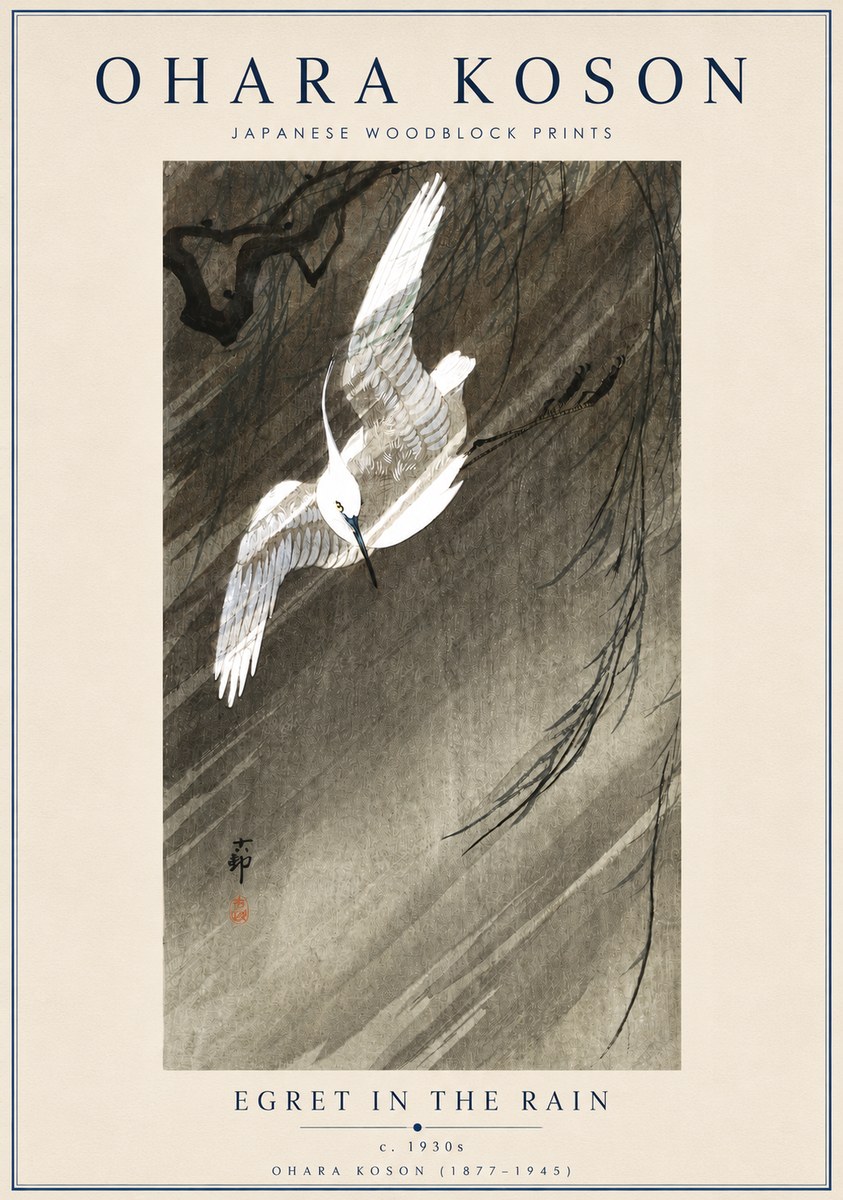 Ohara Koson Egret in the Rain II No3 - Juliste