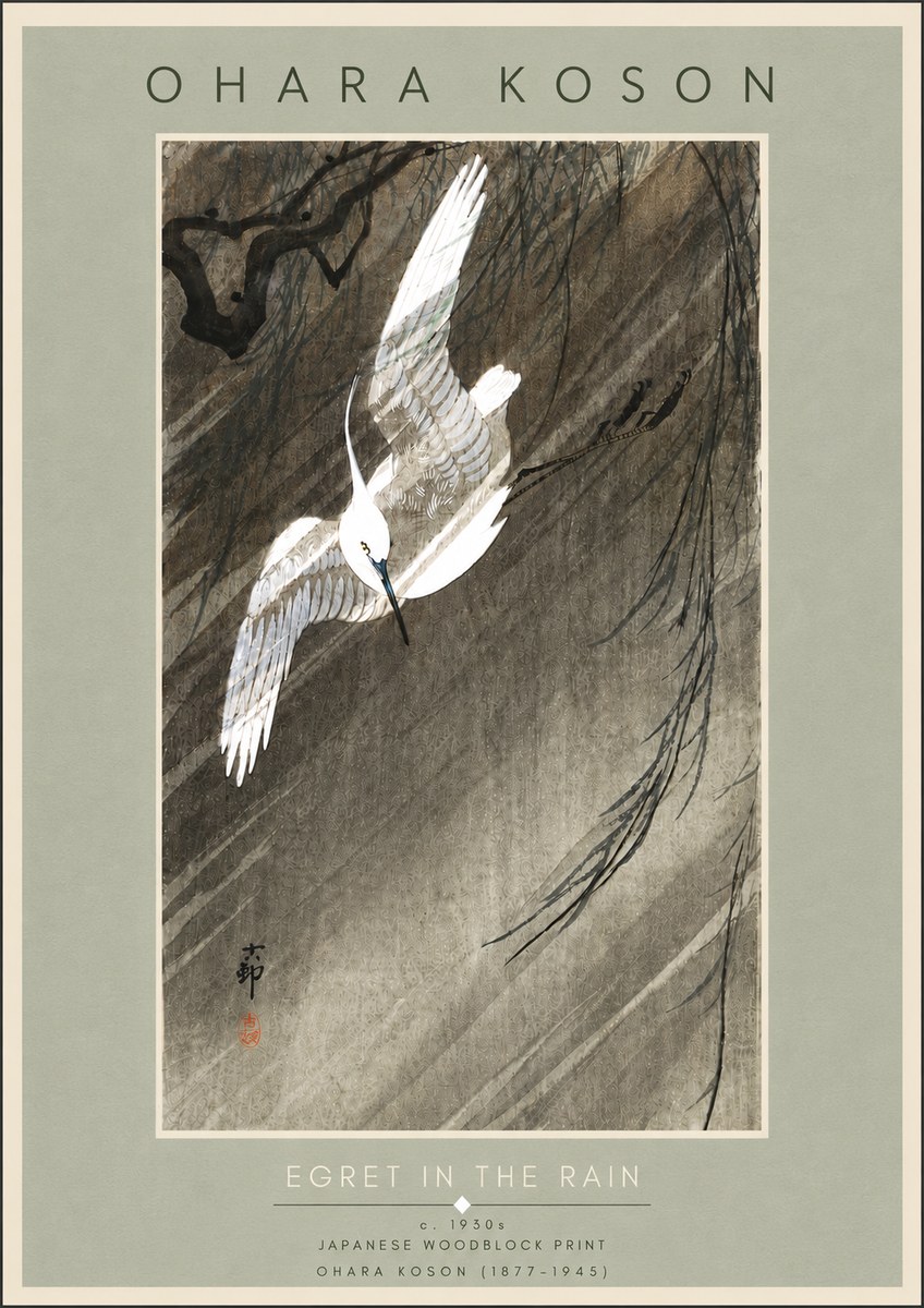 Ohara Koson Egret in the Rain II No5 - Juliste