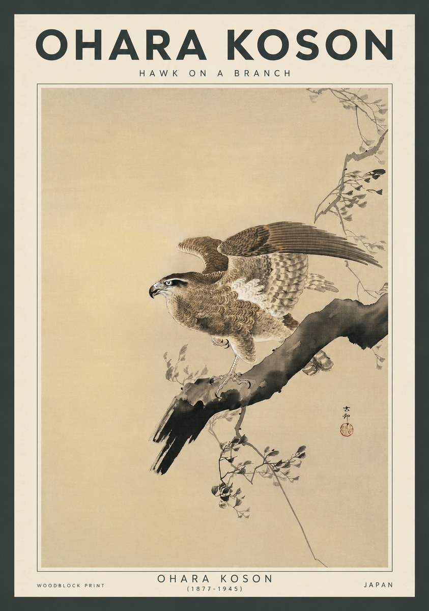 Ohara Koson Hawk on a Branch I No3 - Juliste