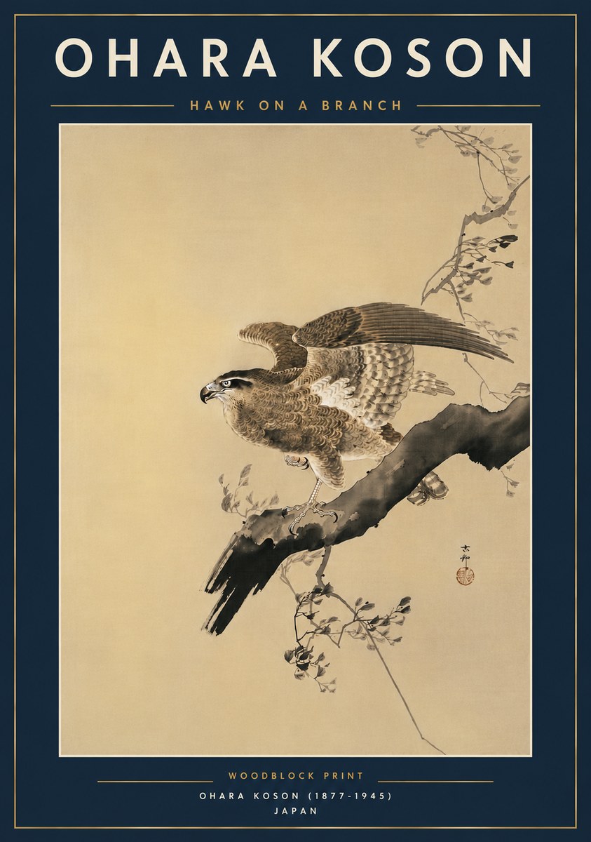 Ohara Koson Hawk on a Branch I No6 - Juliste