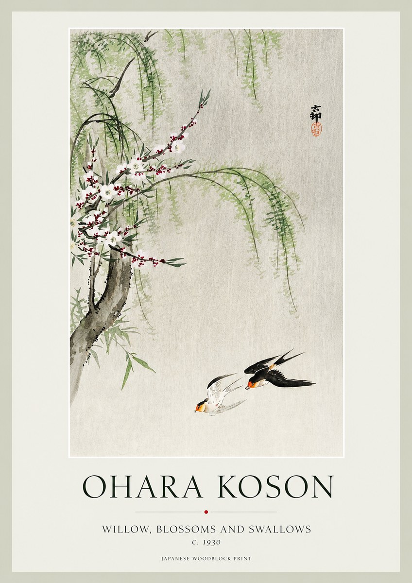 Ohara Koson Willow, Blossoms and Swallows No1 - Juliste