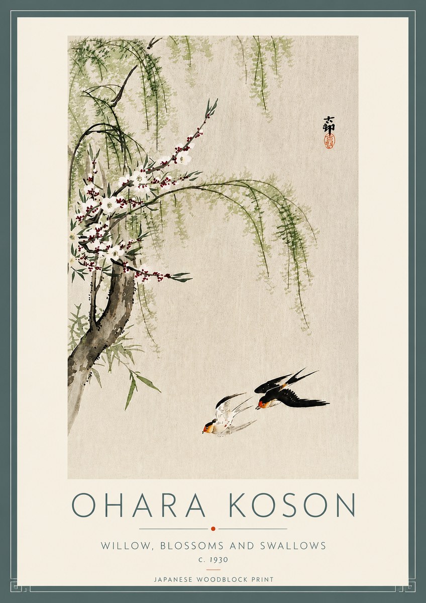 Ohara Koson Willow, Blossoms and Swallows No4 - Juliste