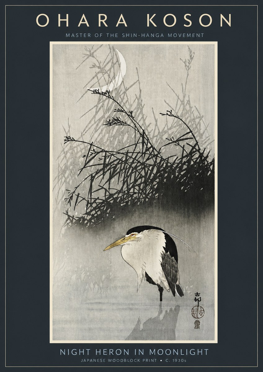 Ohara Koson Night Heron in Moonlight No2 - Juliste