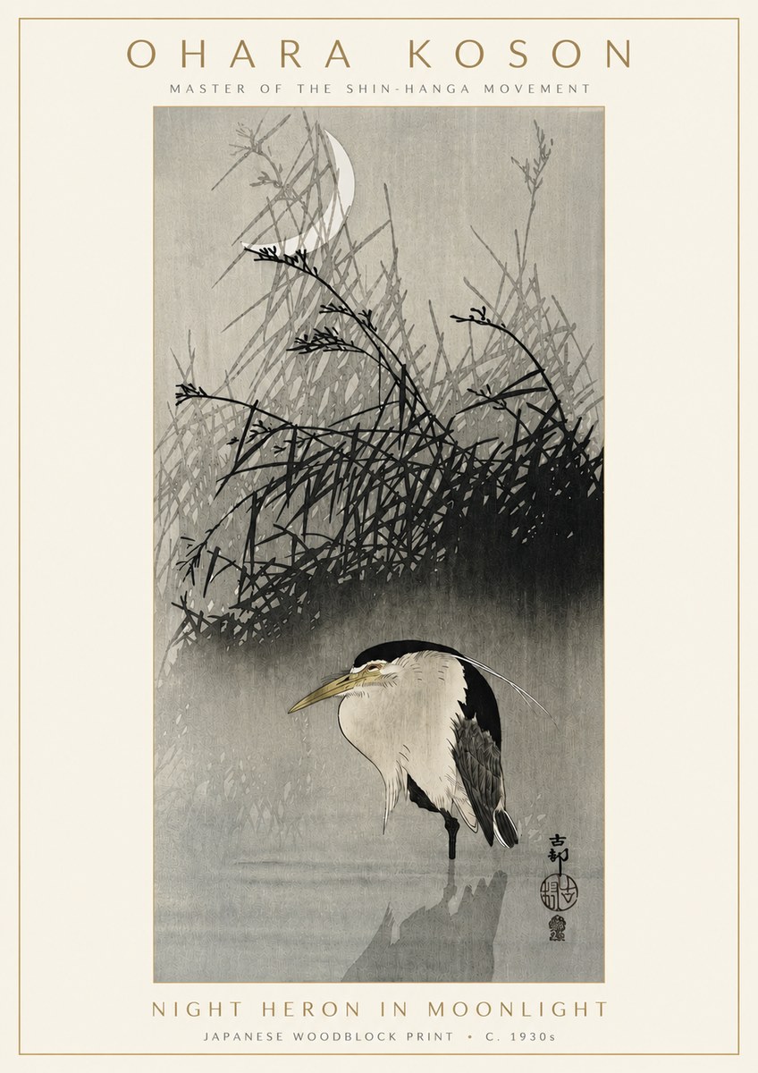 Ohara Koson Night Heron in Moonlight No3 - Juliste