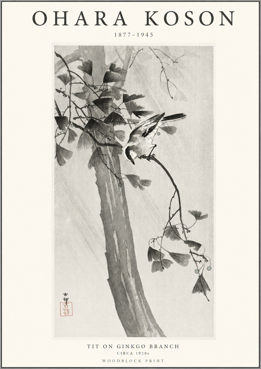 Ohara Koson Tit on Ginkgo Branch No1 - Juliste