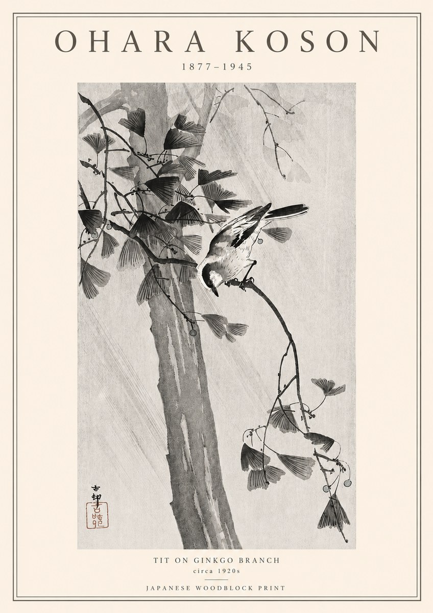 Ohara Koson Tit on Ginkgo Branch No3 - Juliste