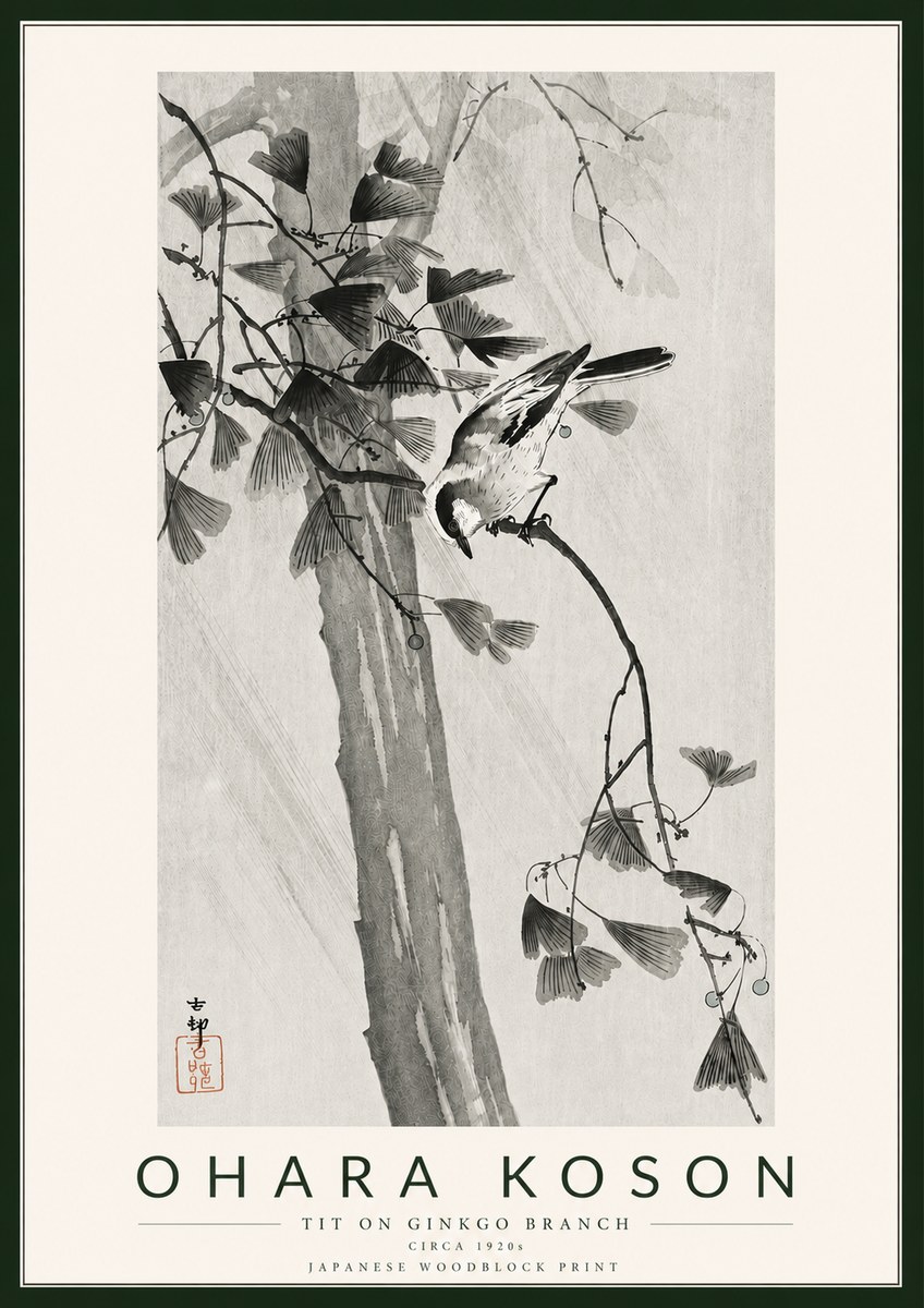 Ohara Koson Tit on Ginkgo Branch No5 - Juliste