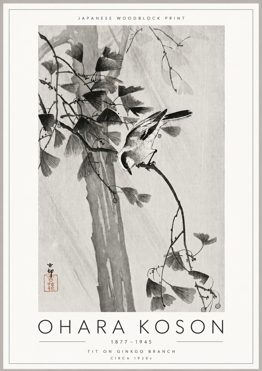 Ohara Koson Tit on Ginkgo Branch No6 - Juliste
