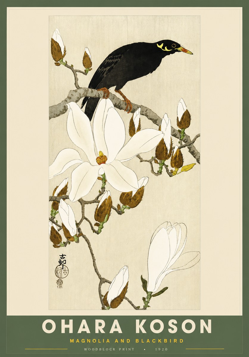 Ohara Koson Magnolia and Blackbird No2 - Juliste