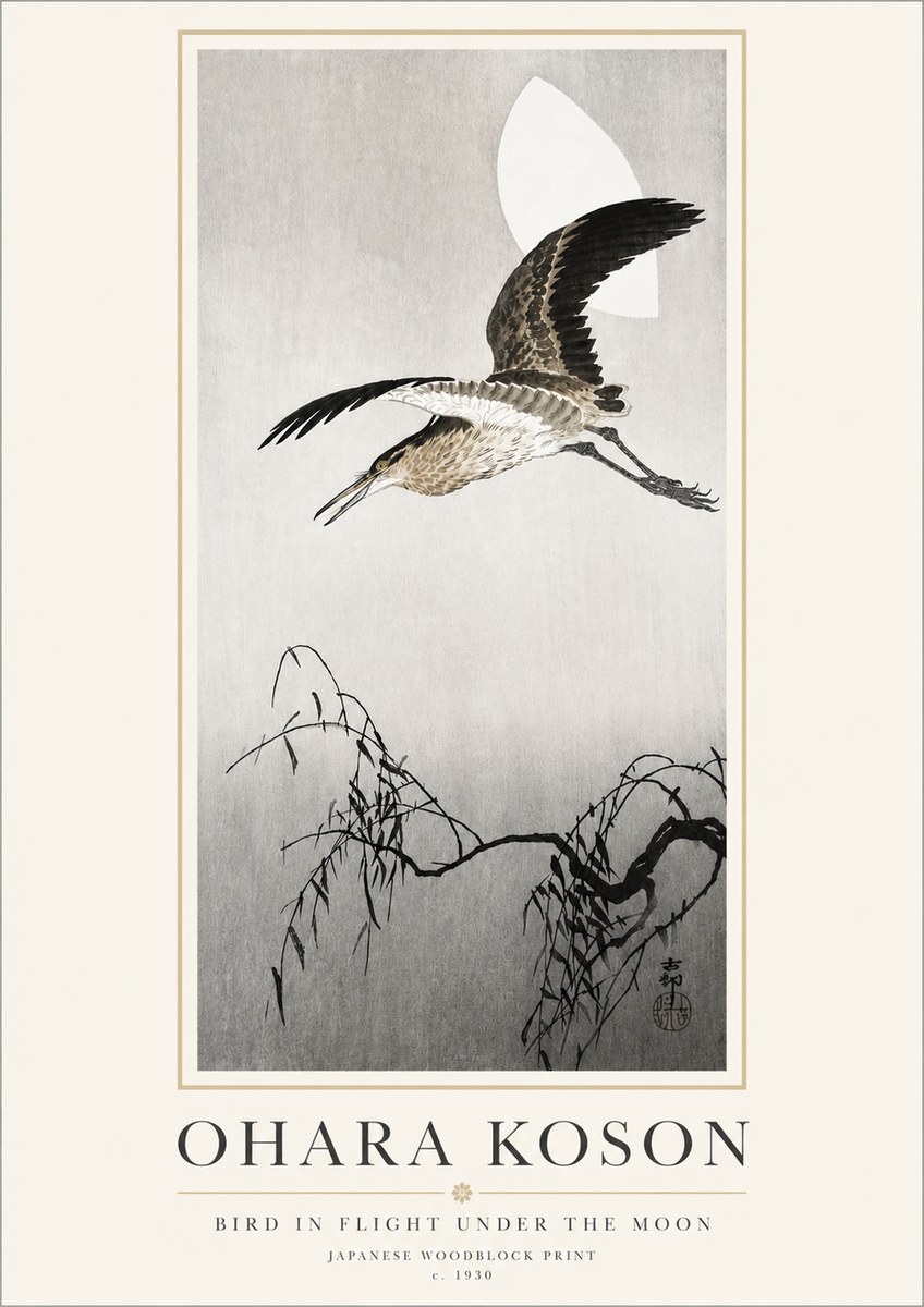 Ohara Koson Bird in Flight Under the Moon No3 - Juliste