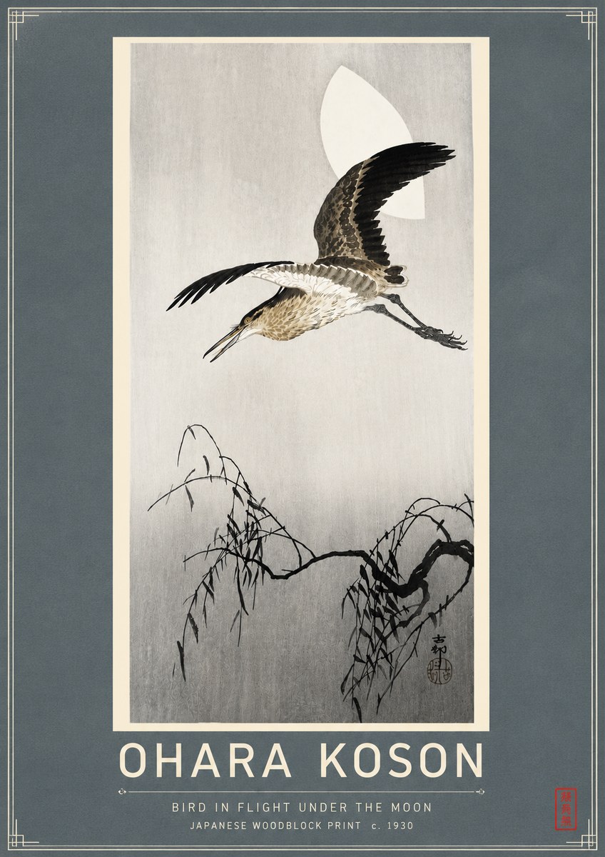 Ohara Koson Bird in Flight Under the Moon No4 - Juliste