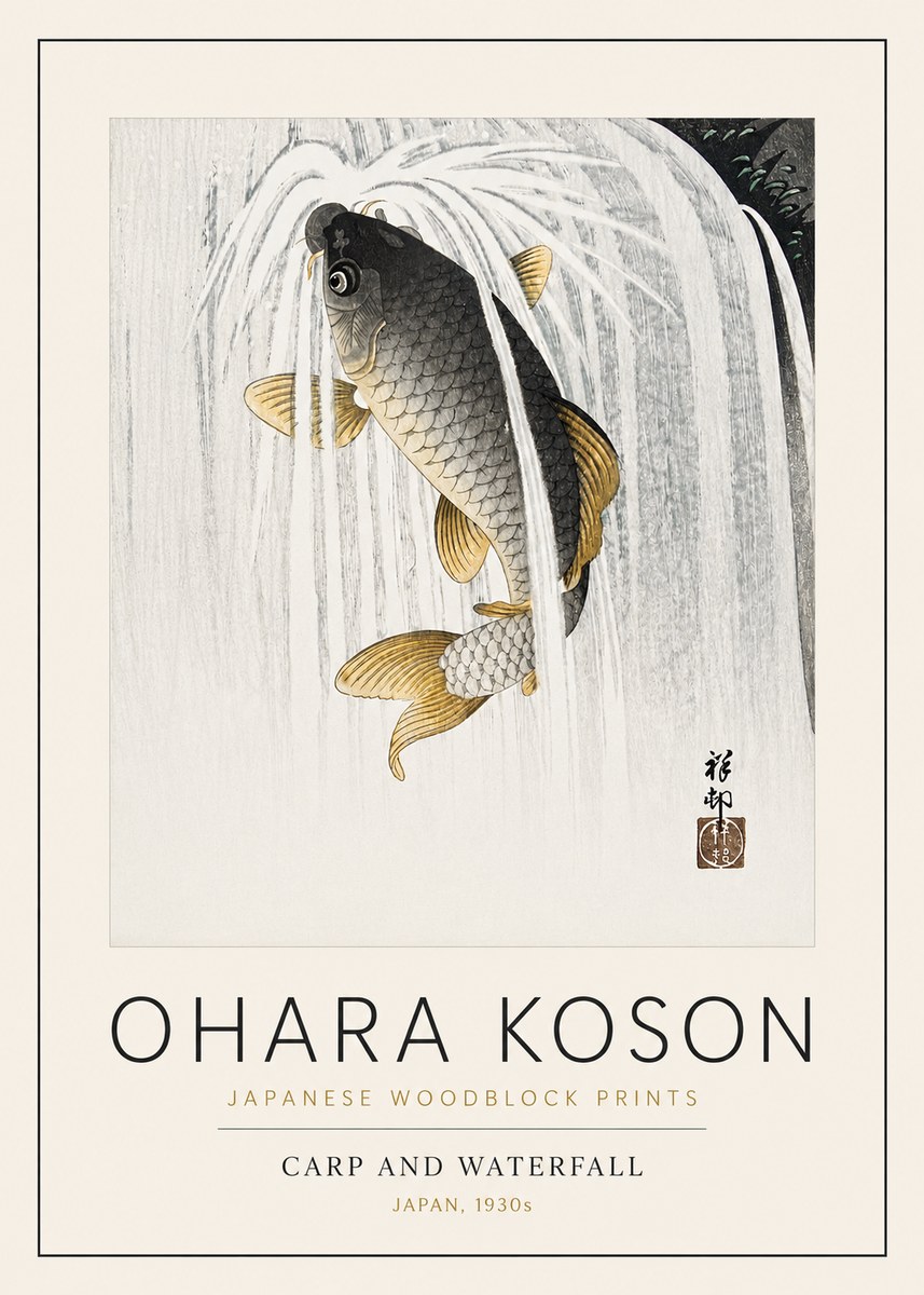 Ohara Koson Carp and Waterfall No3 - Juliste