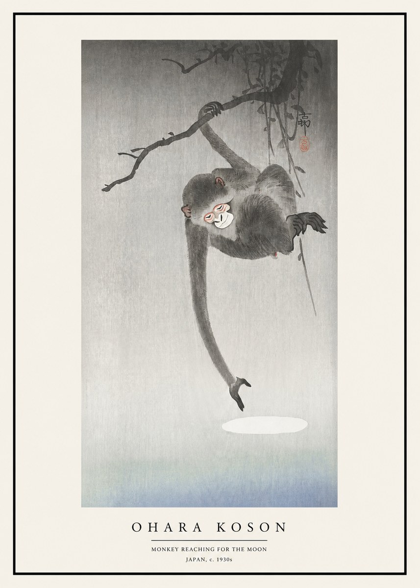 Ohara Koson Monkey Reaching for the Moon No1 - Juliste