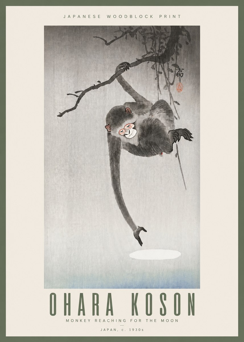Ohara Koson Monkey Reaching for the Moon No3 - Juliste